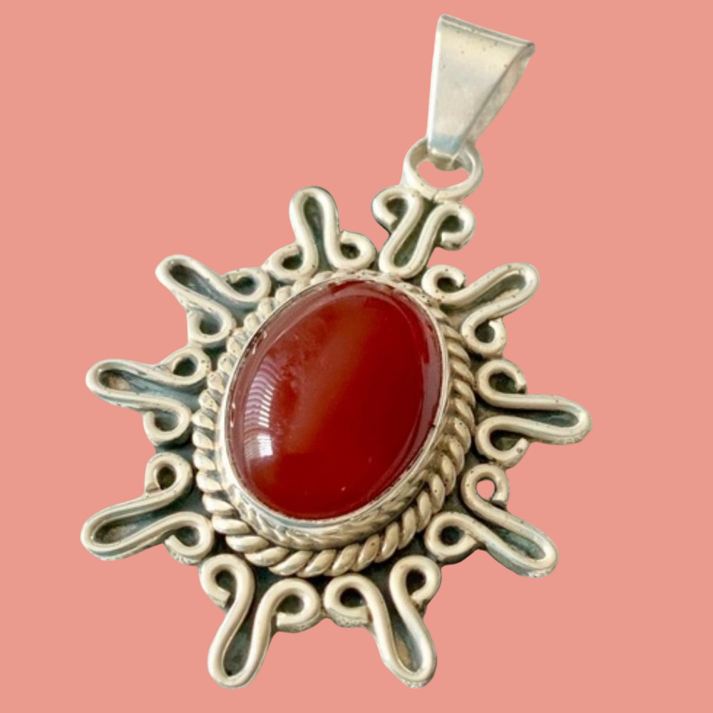 TAXCO Sunburst Carnelian & Sterling Pendant